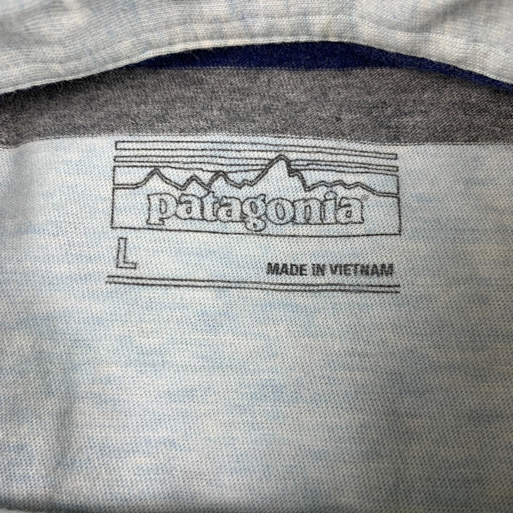 Patagonia Squeaky Clean Polo Mens Large Blue Grey Striped Front Pocket Shirt - Picture 4 of 12